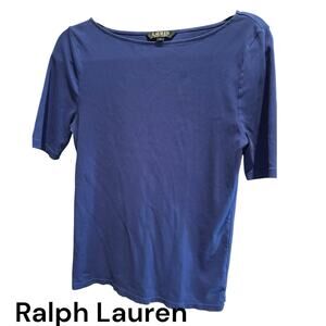 RALPH LAUREN Blue Boat Neck Cotton Knit Top 3/4 Sleeve Minimalist PL Tee